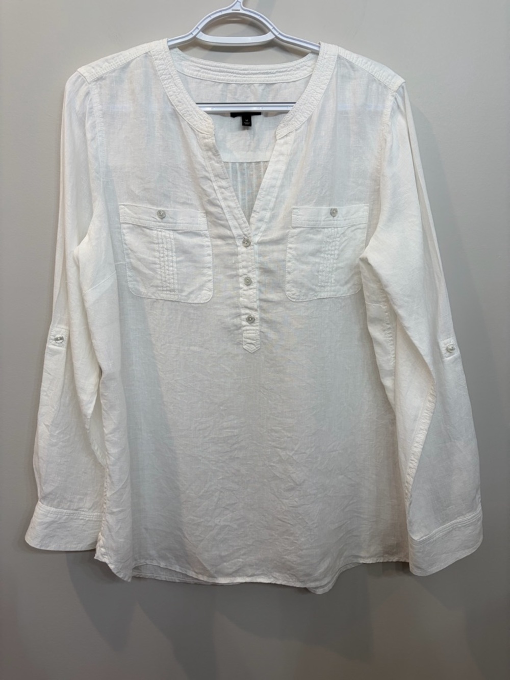 Talbots Women White Linen Popover Shirt Size M Roll Tab Sleeve Beachy Coastal